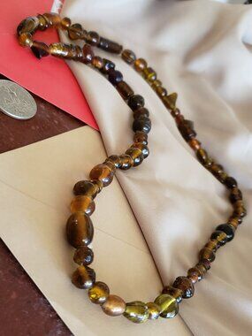 VINTAGE GLASS BEAD NECKLASS AMBER COLORED 26" TOTAL LENGTH